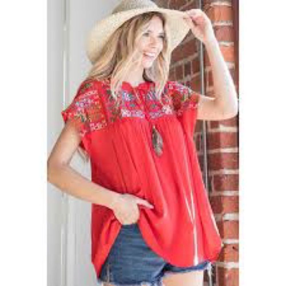 Anthropologie JODIFL Red Embroidered Boho Peasant Top